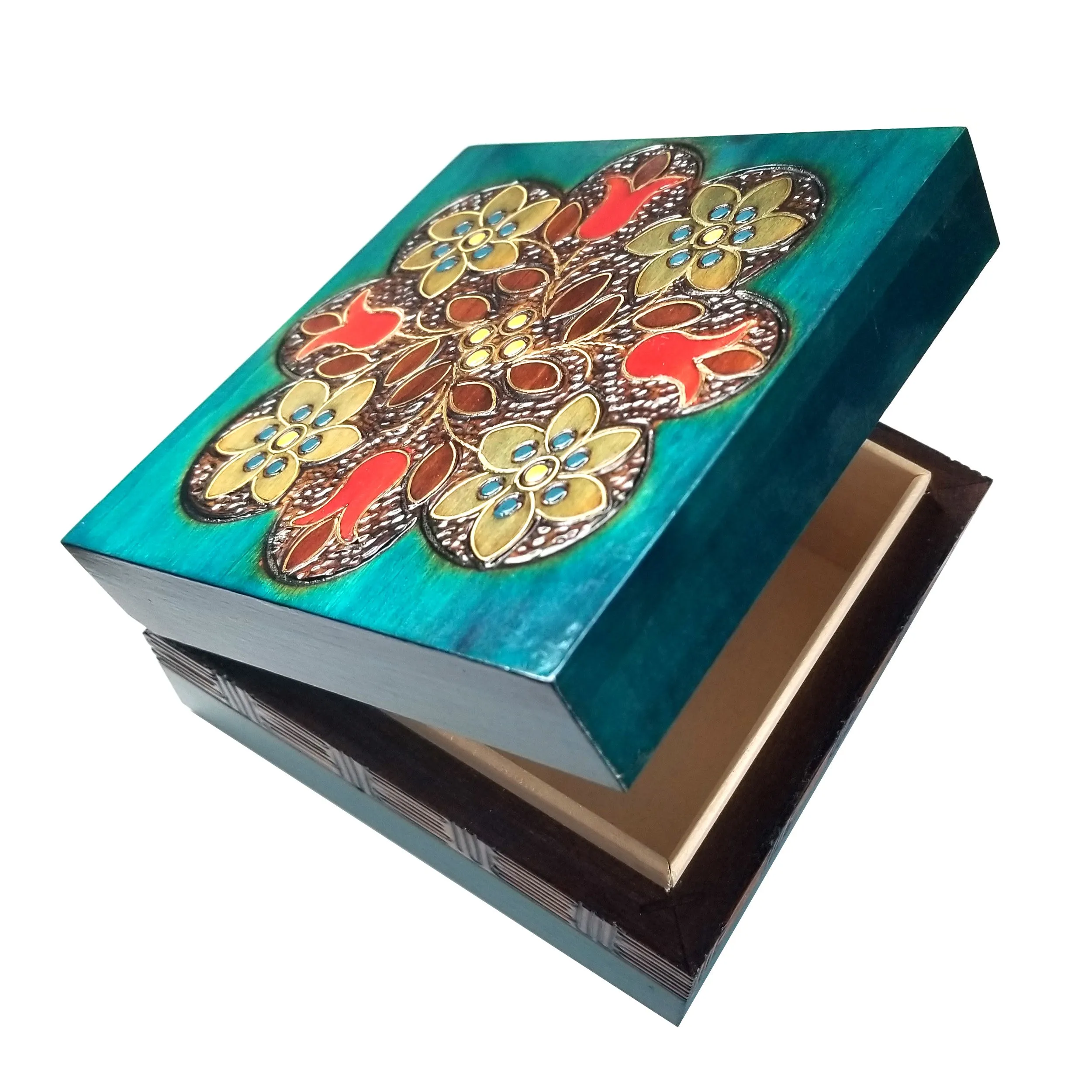 Polish Square Wooden Box with Intricate Pattern, 4.75"x 4.75" (Turquoise Bell Flowers)