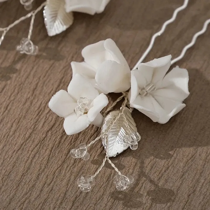 Porcelain Flower 2 PC Hairpin Set, Wedding Clay Floral U-Shape Hair Pins, Bridal Ceramic Flower Hair Pin Set