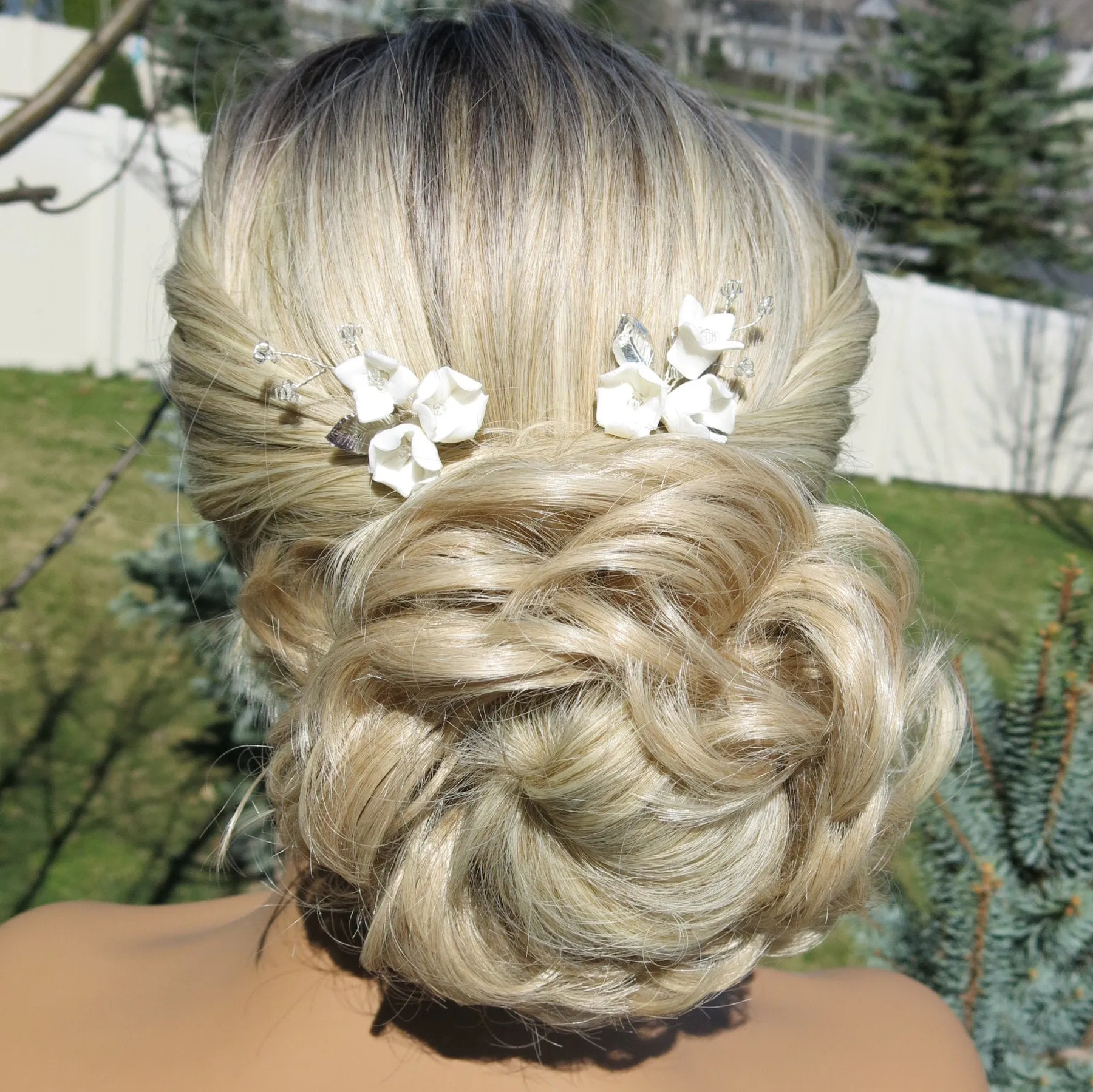 Porcelain Flower 2 PC Hairpin Set, Wedding Clay Floral U-Shape Hair Pins, Bridal Ceramic Flower Hair Pin Set