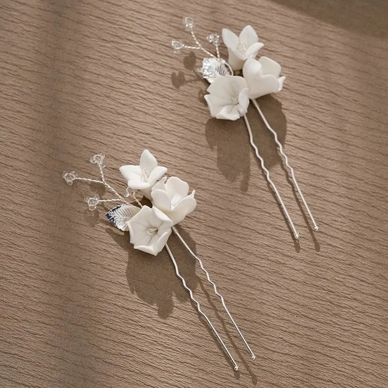 Porcelain Flower 2 PC Hairpin Set, Wedding Clay Floral U-Shape Hair Pins, Bridal Ceramic Flower Hair Pin Set