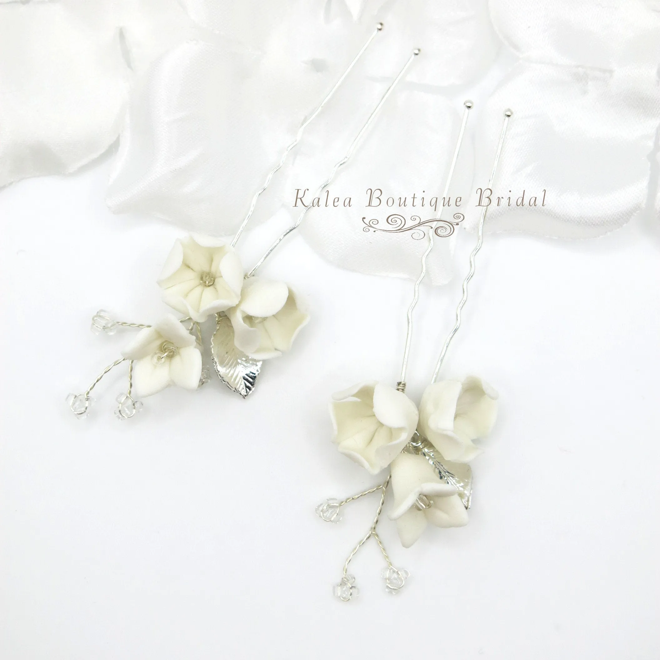 Porcelain Flower 2 PC Hairpin Set, Wedding Clay Floral U-Shape Hair Pins, Bridal Ceramic Flower Hair Pin Set