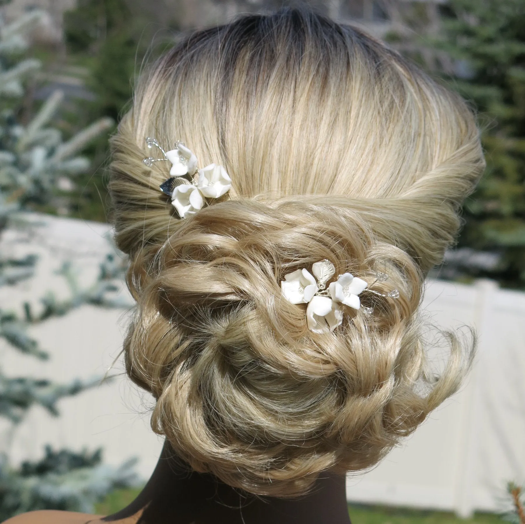 Porcelain Flower 2 PC Hairpin Set, Wedding Clay Floral U-Shape Hair Pins, Bridal Ceramic Flower Hair Pin Set