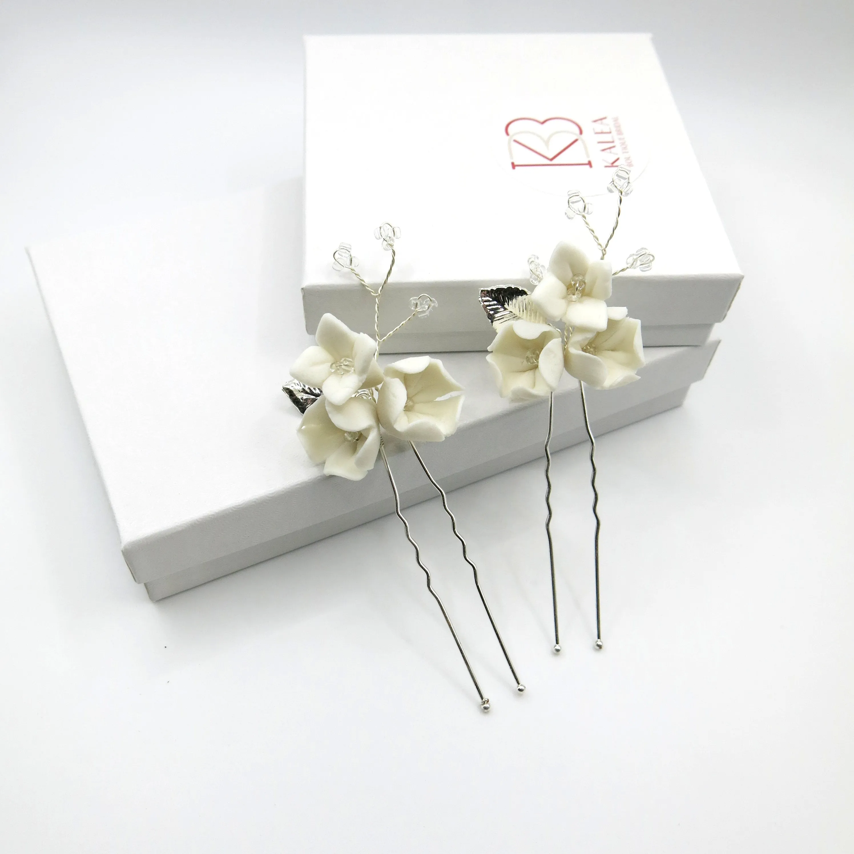 Porcelain Flower 2 PC Hairpin Set, Wedding Clay Floral U-Shape Hair Pins, Bridal Ceramic Flower Hair Pin Set