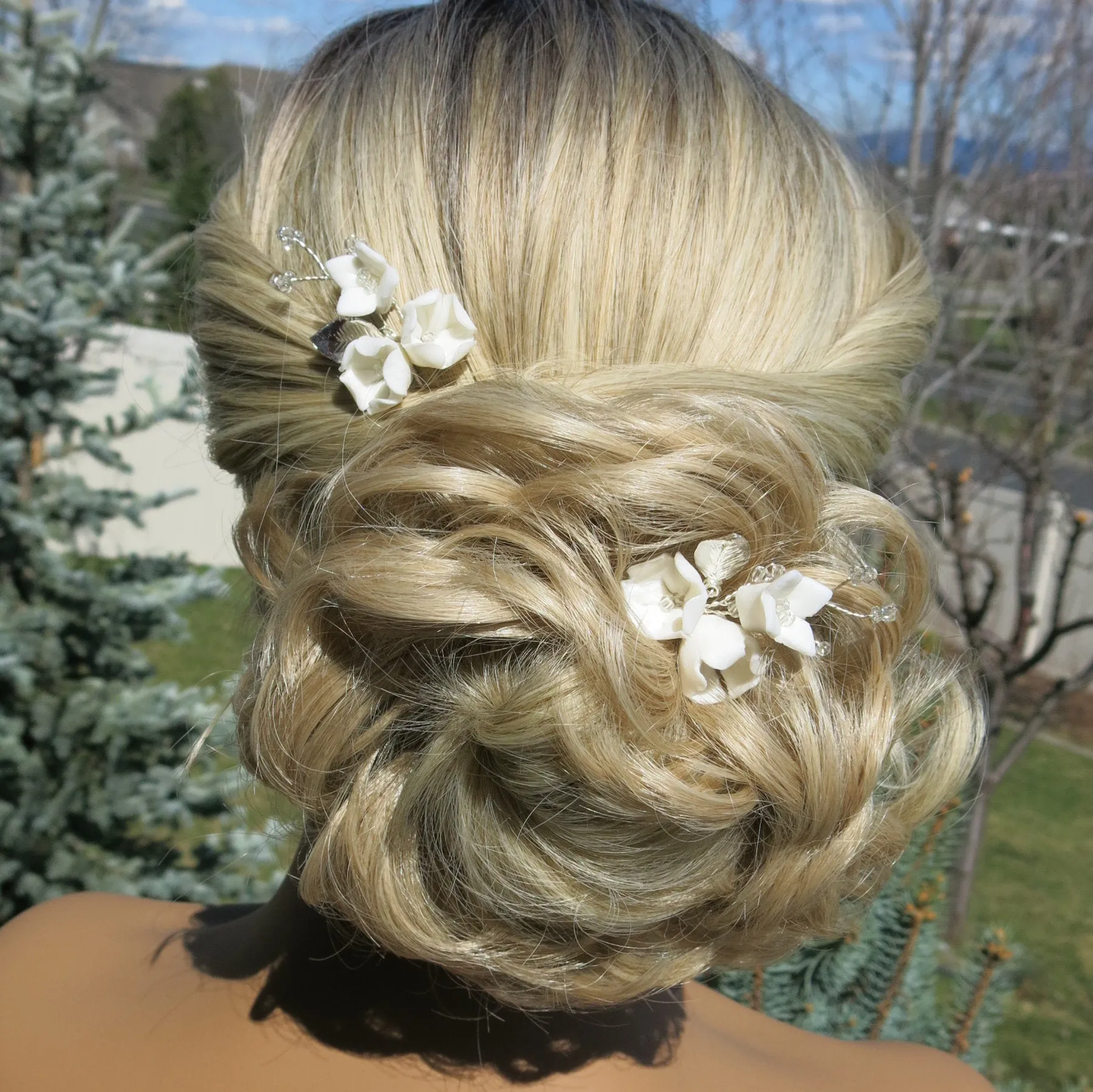 Porcelain Flower 2 PC Hairpin Set, Wedding Clay Floral U-Shape Hair Pins, Bridal Ceramic Flower Hair Pin Set