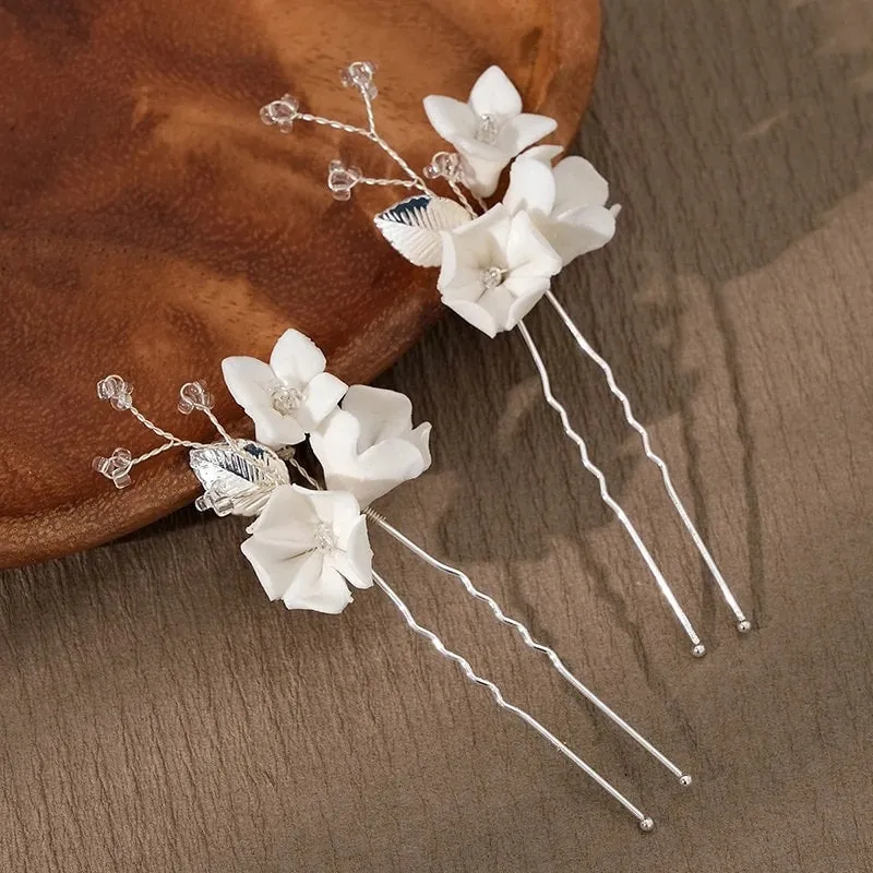 Porcelain Flower 2 PC Hairpin Set, Wedding Clay Floral U-Shape Hair Pins, Bridal Ceramic Flower Hair Pin Set