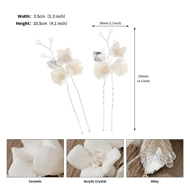 Porcelain Flower 2 PC Hairpin Set, Wedding Clay Floral U-Shape Hair Pins, Bridal Ceramic Flower Hair Pin Set