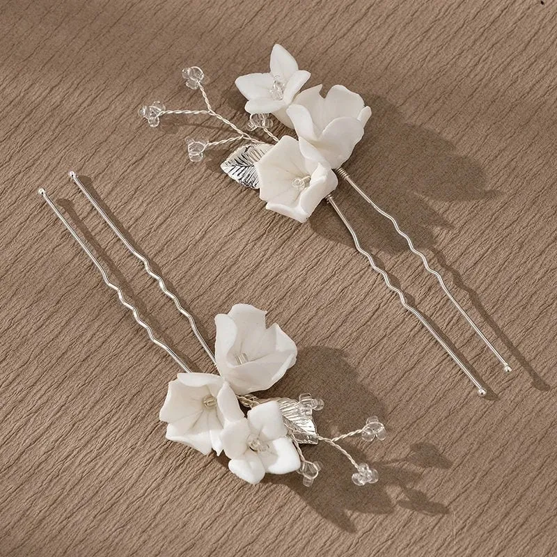 Porcelain Flower 2 PC Hairpin Set, Wedding Clay Floral U-Shape Hair Pins, Bridal Ceramic Flower Hair Pin Set