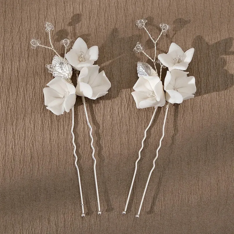 Porcelain Flower 2 PC Hairpin Set, Wedding Clay Floral U-Shape Hair Pins, Bridal Ceramic Flower Hair Pin Set