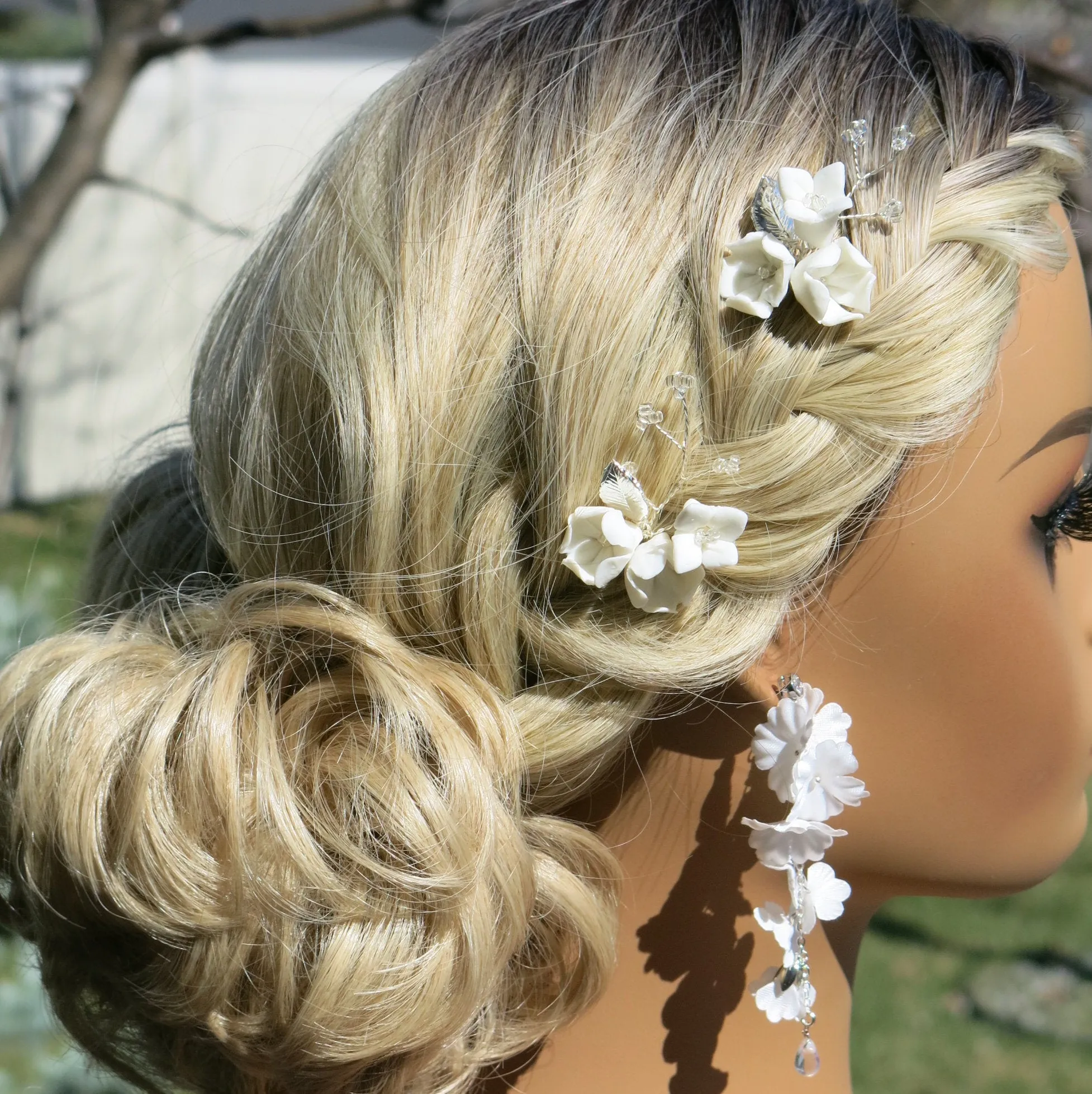 Porcelain Flower 2 PC Hairpin Set, Wedding Clay Floral U-Shape Hair Pins, Bridal Ceramic Flower Hair Pin Set