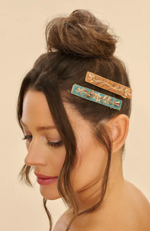 Powder Narrow Jewelled Hair Bar (Set of 2) - Floral Vines, Turquoise and Mustard
