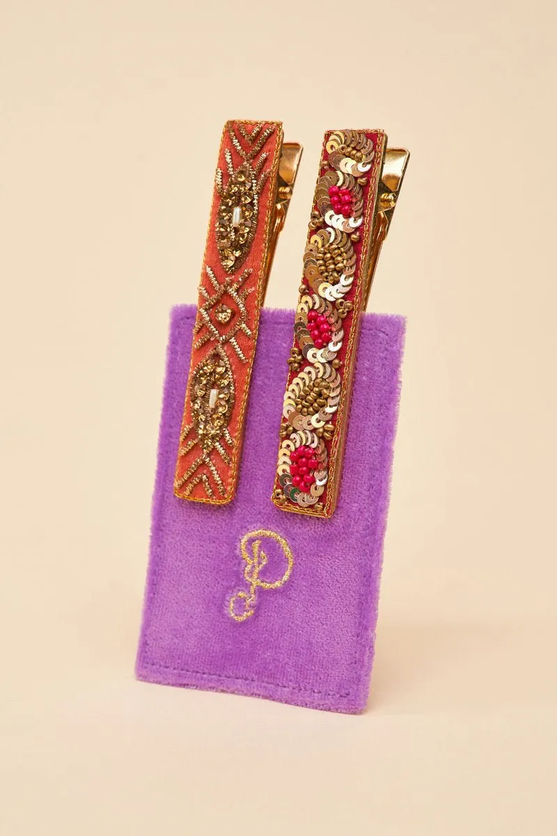 Powder Narrow Jewelled Hair Bar (Set of 2) Rose Deco