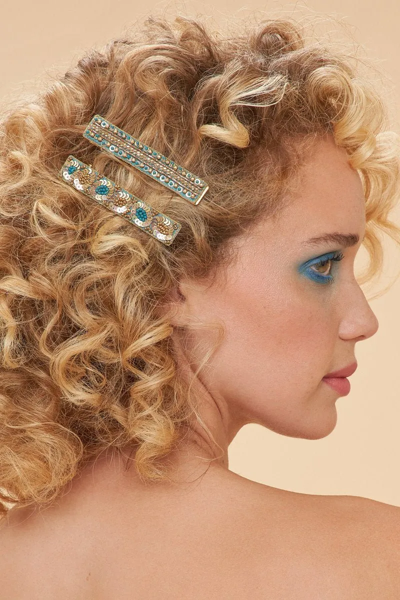 Powder Narrow Jewelled Hair Bar (Set of 2) Teal