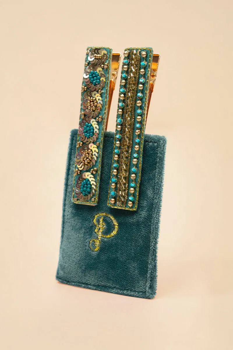 Powder Narrow Jewelled Hair Bar (Set of 2) Teal