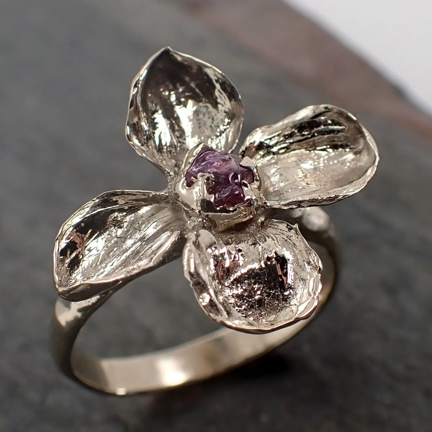 Real Flower and Sapphire 18k White gold wedding engagement ring Enchanted Garden Floral Ring byAngeline 2991