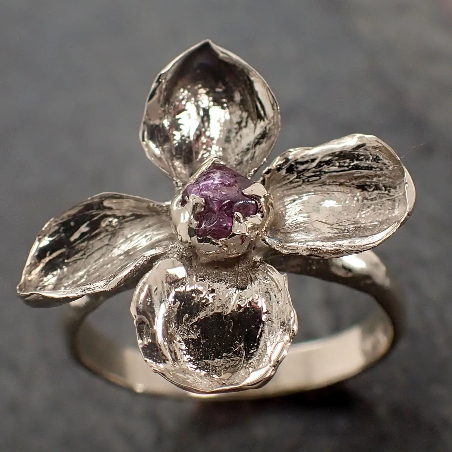 Real Flower and Sapphire 18k White gold wedding engagement ring Enchanted Garden Floral Ring byAngeline 2991
