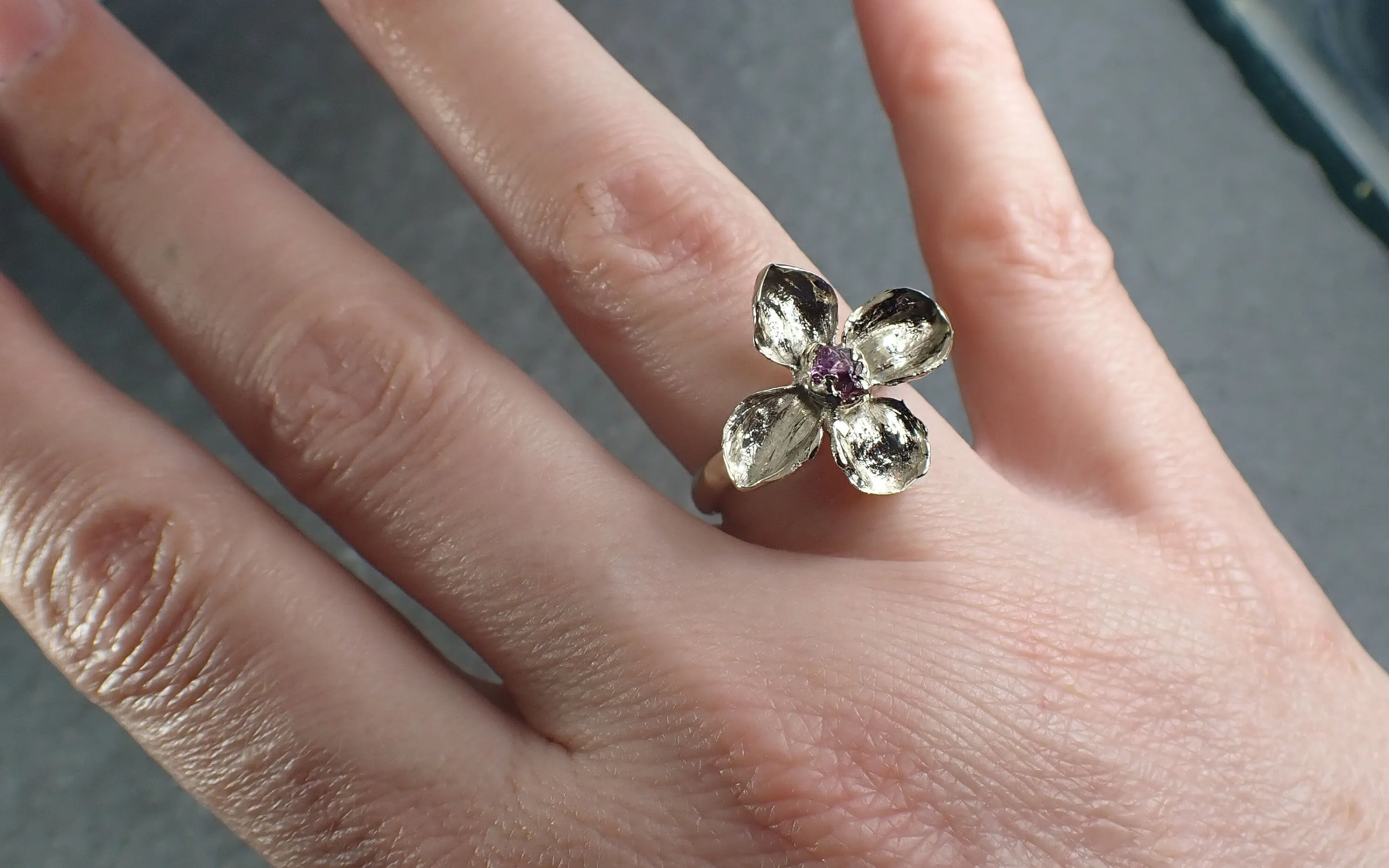 Real Flower and Sapphire 18k White gold wedding engagement ring Enchanted Garden Floral Ring byAngeline 2991