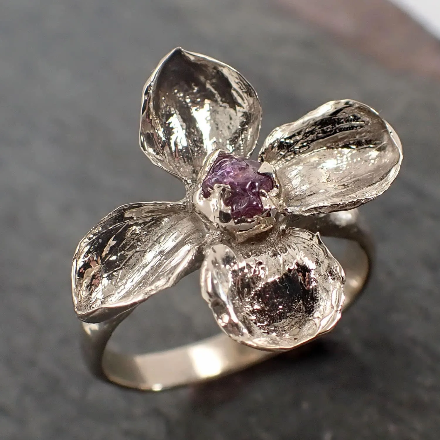 Real Flower and Sapphire 18k White gold wedding engagement ring Enchanted Garden Floral Ring byAngeline 2991
