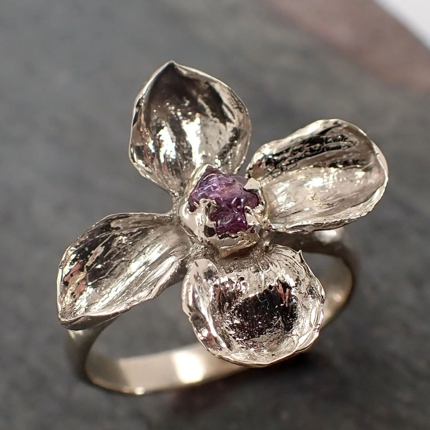 Real Flower and Sapphire 18k White gold wedding engagement ring Enchanted Garden Floral Ring byAngeline 2991