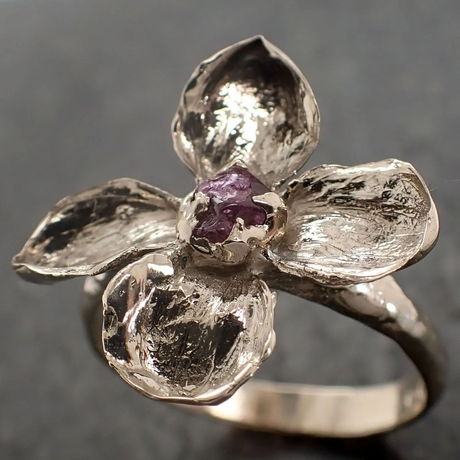 Real Flower and Sapphire 18k White gold wedding engagement ring Enchanted Garden Floral Ring byAngeline 2991