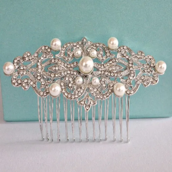 Rhinestone Pearl Bridal Hair Comb, Vintage Style Art Deco Crystal Wedding Hair Comb, Wedding Headpiece, Bridal Hair Piece, Hair Jewelry