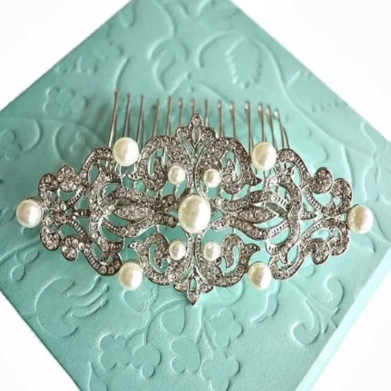 Rhinestone Pearl Bridal Hair Comb, Vintage Style Art Deco Crystal Wedding Hair Comb, Wedding Headpiece, Bridal Hair Piece, Hair Jewelry