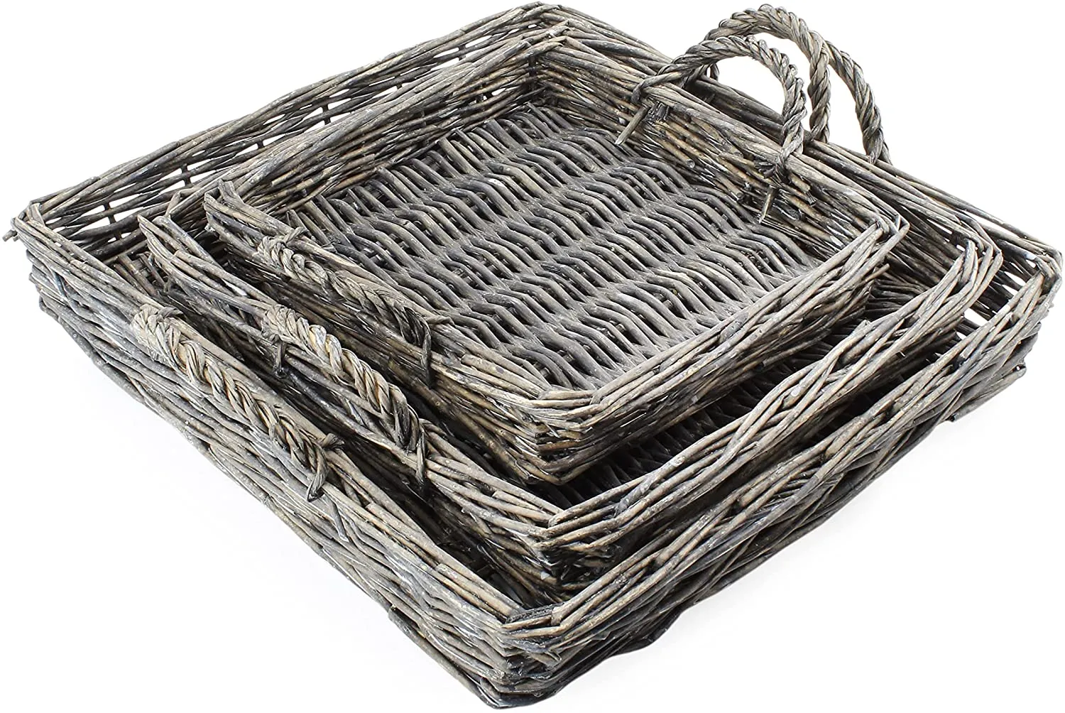 Rustic Willow Basket Trays, Set of 3 (Square, Gray Washed)