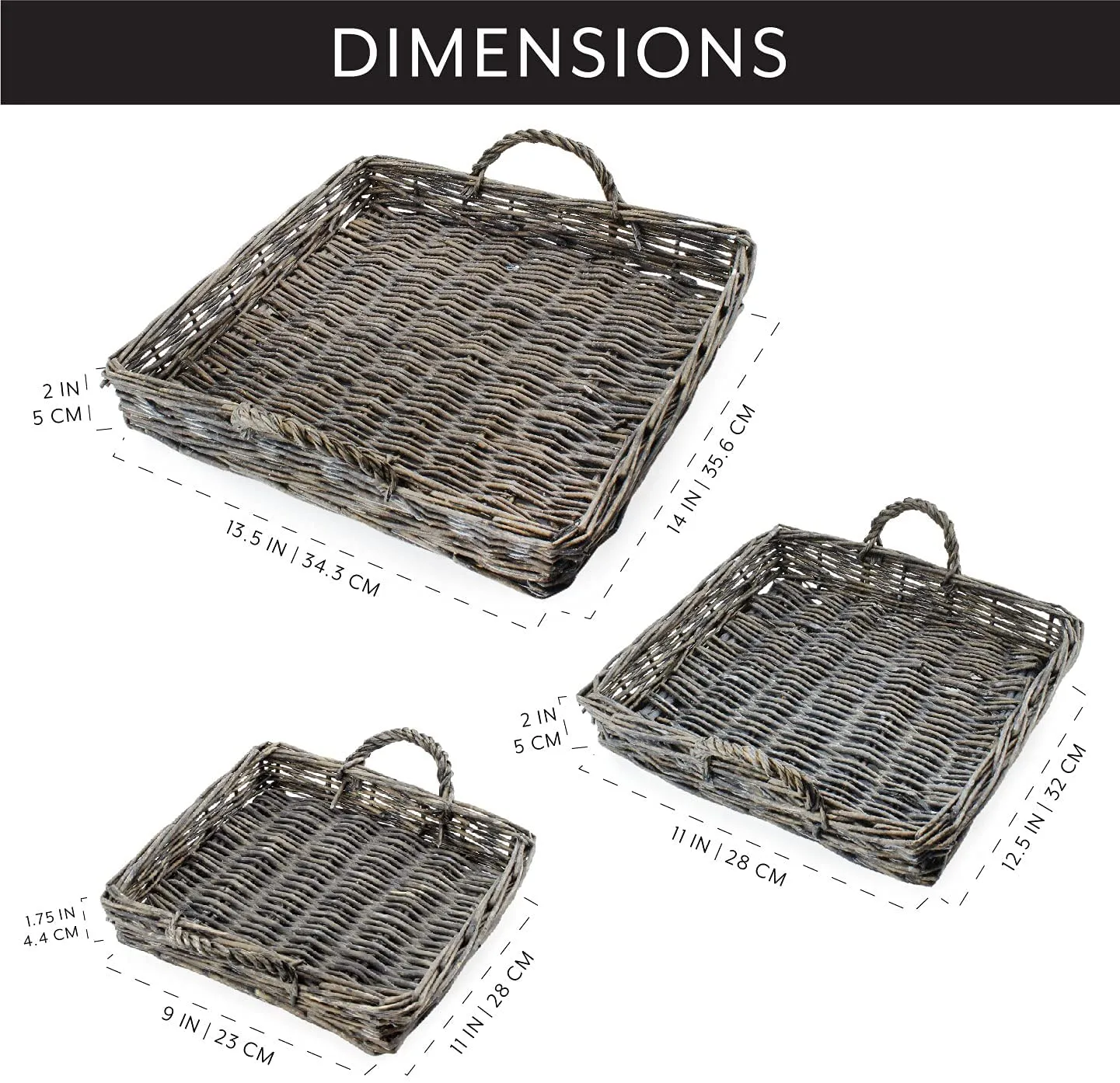 Rustic Willow Basket Trays, Set of 3 (Square, Gray Washed)