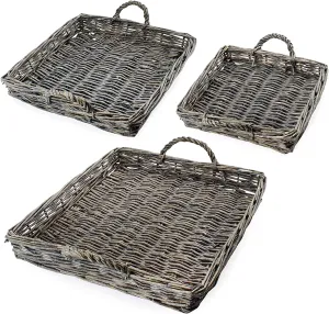 Rustic Willow Basket Trays, Set of 3 (Square, Gray Washed)