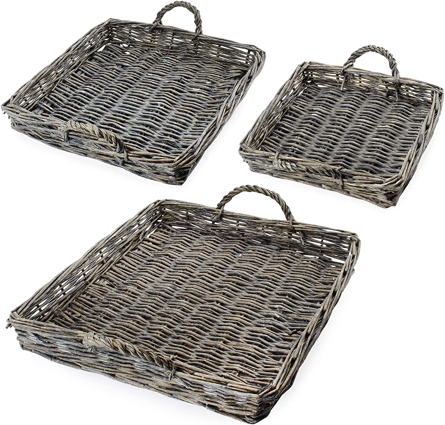 Rustic Willow Basket Trays, Set of 3 (Square, Gray Washed)