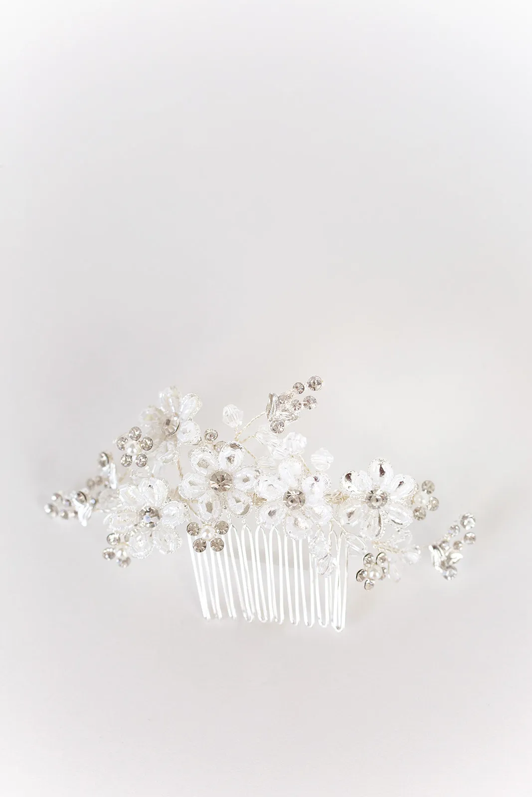 Silver Flower Hair Comb with Rhinestones & Beads