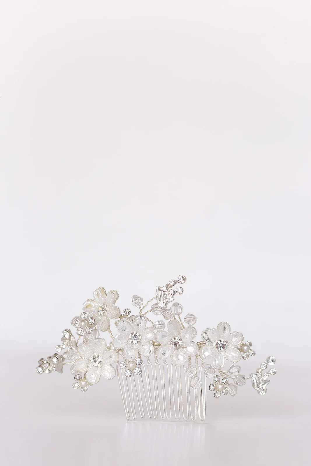 Silver Flower Hair Comb with Rhinestones & Beads