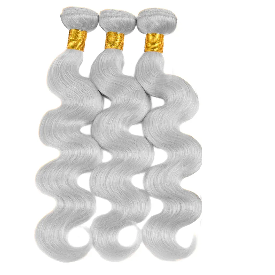 Silver Grey Body Wave 3 Bundles With 4x4 Lace Closure Remy Brazilian Human Hair