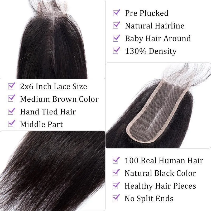 Straight 3 Bundles With 2x6 Lace Closure Peruvian Virgin Human Hair