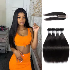 Straight 4 Bundles and 2x6 Closure 100% Unprocessed Malaysian Virgin Human Hair