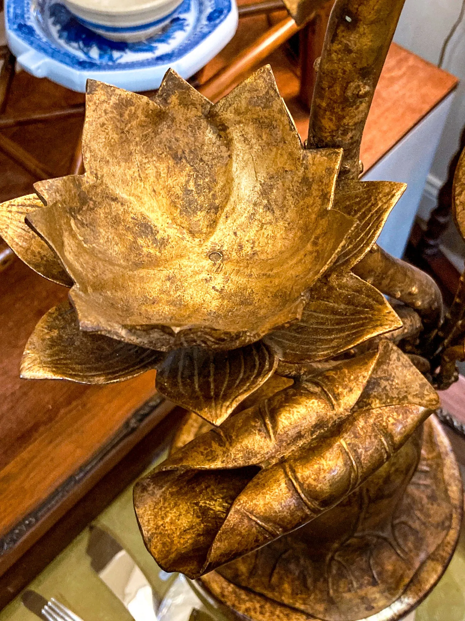 Vintage 1960s Gilded Lotus Flower Marbro Lamp Co. Tall Table Lamp