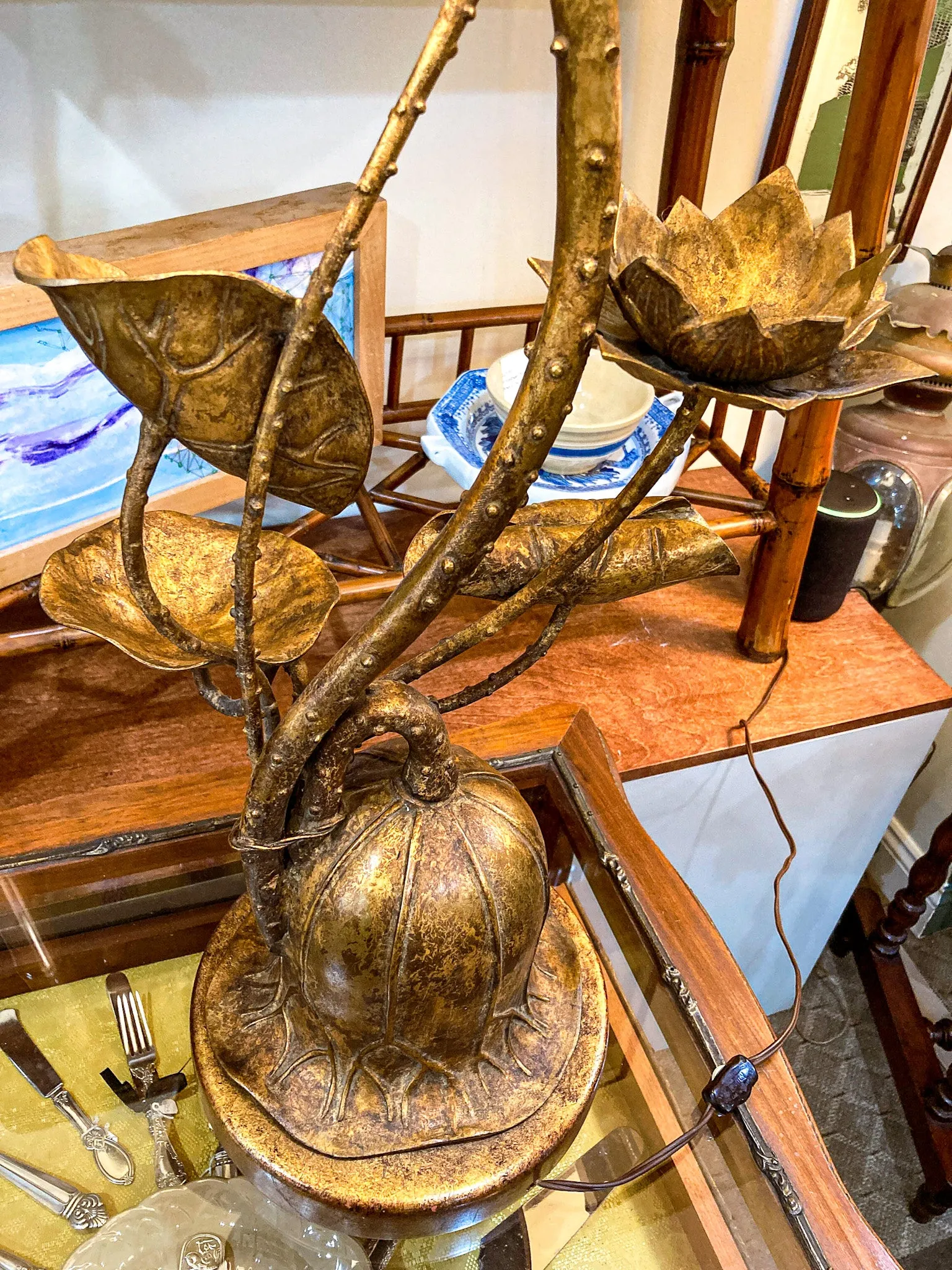 Vintage 1960s Gilded Lotus Flower Marbro Lamp Co. Tall Table Lamp