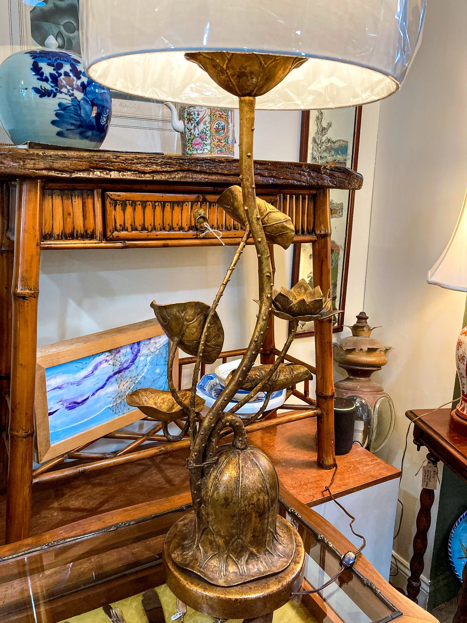 Vintage 1960s Gilded Lotus Flower Marbro Lamp Co. Tall Table Lamp