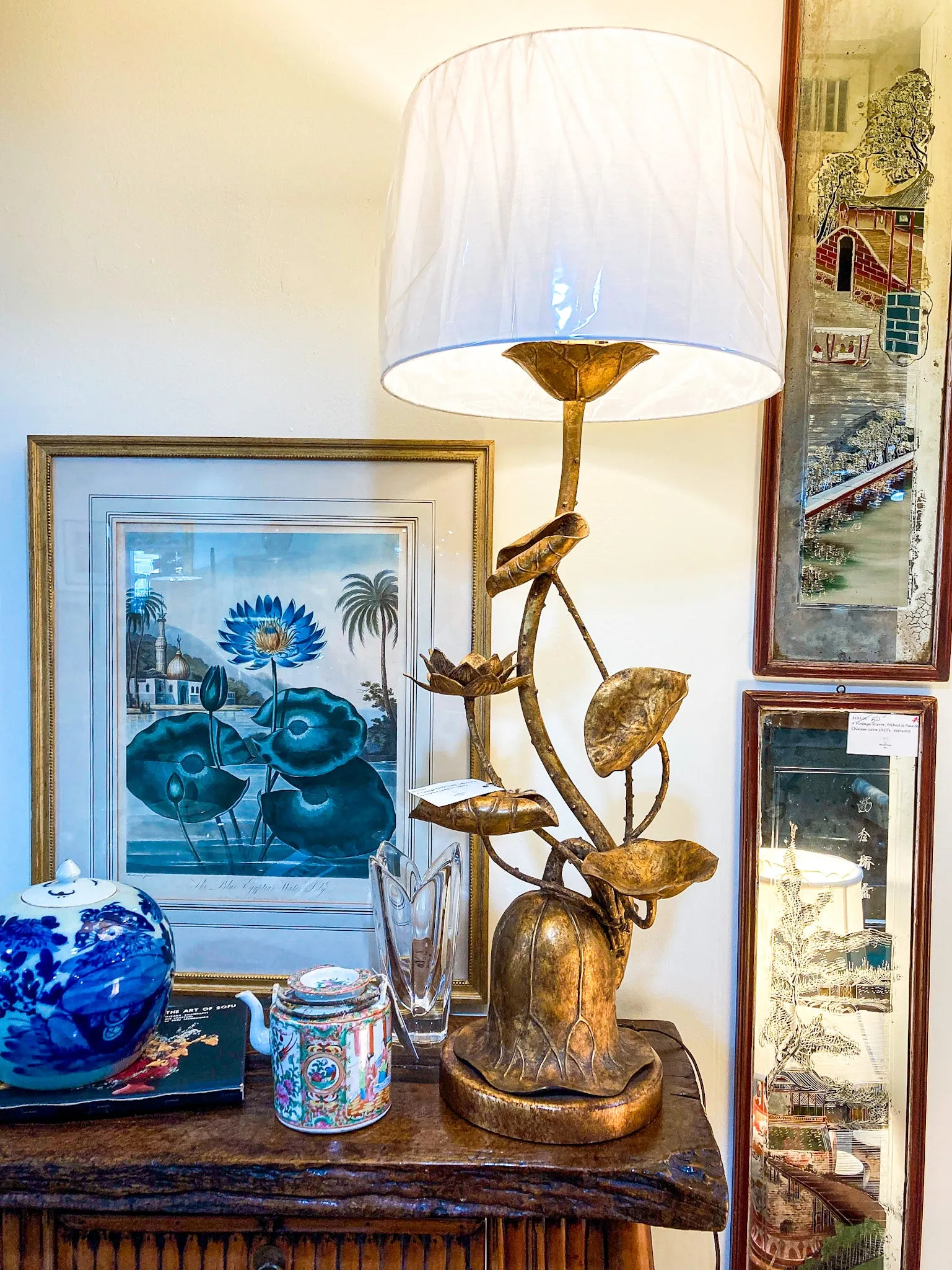 Vintage 1960s Gilded Lotus Flower Marbro Lamp Co. Tall Table Lamp
