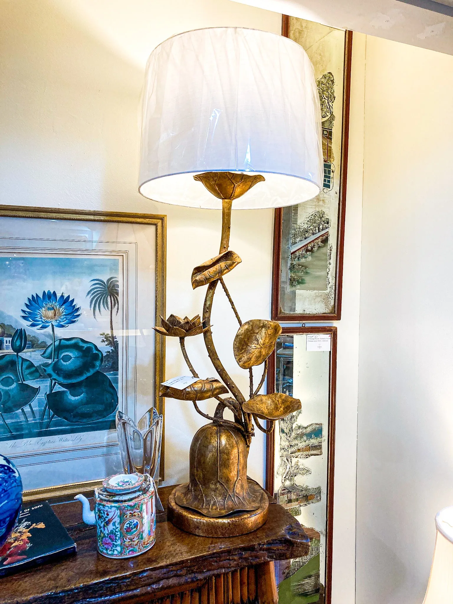 Vintage 1960s Gilded Lotus Flower Marbro Lamp Co. Tall Table Lamp