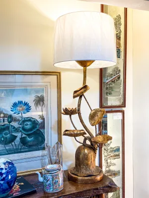 Vintage 1960s Gilded Lotus Flower Marbro Lamp Co. Tall Table Lamp