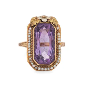 Vintage Art Deco Amethyst Ring Seed Pearls 14k Yellow Gold Long Square Sz 7