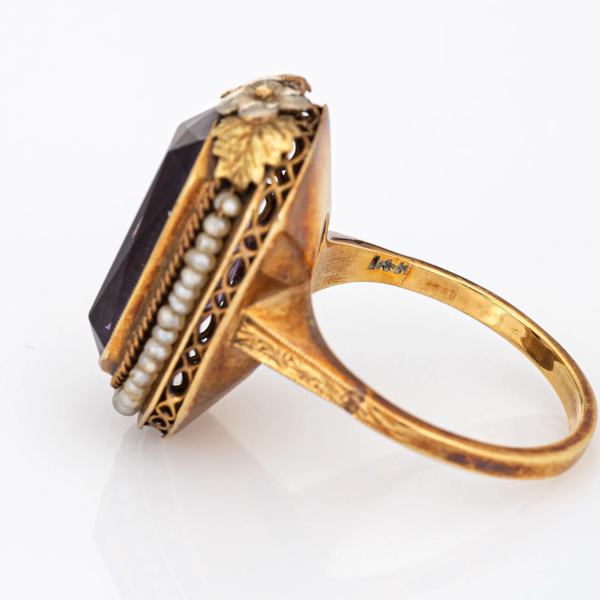Vintage Art Deco Amethyst Ring Seed Pearls 14k Yellow Gold Long Square Sz 7