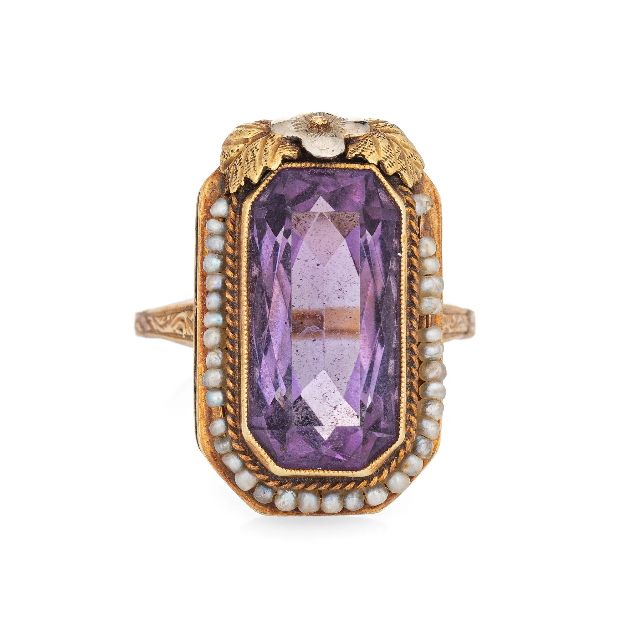 Vintage Art Deco Amethyst Ring Seed Pearls 14k Yellow Gold Long Square Sz 7