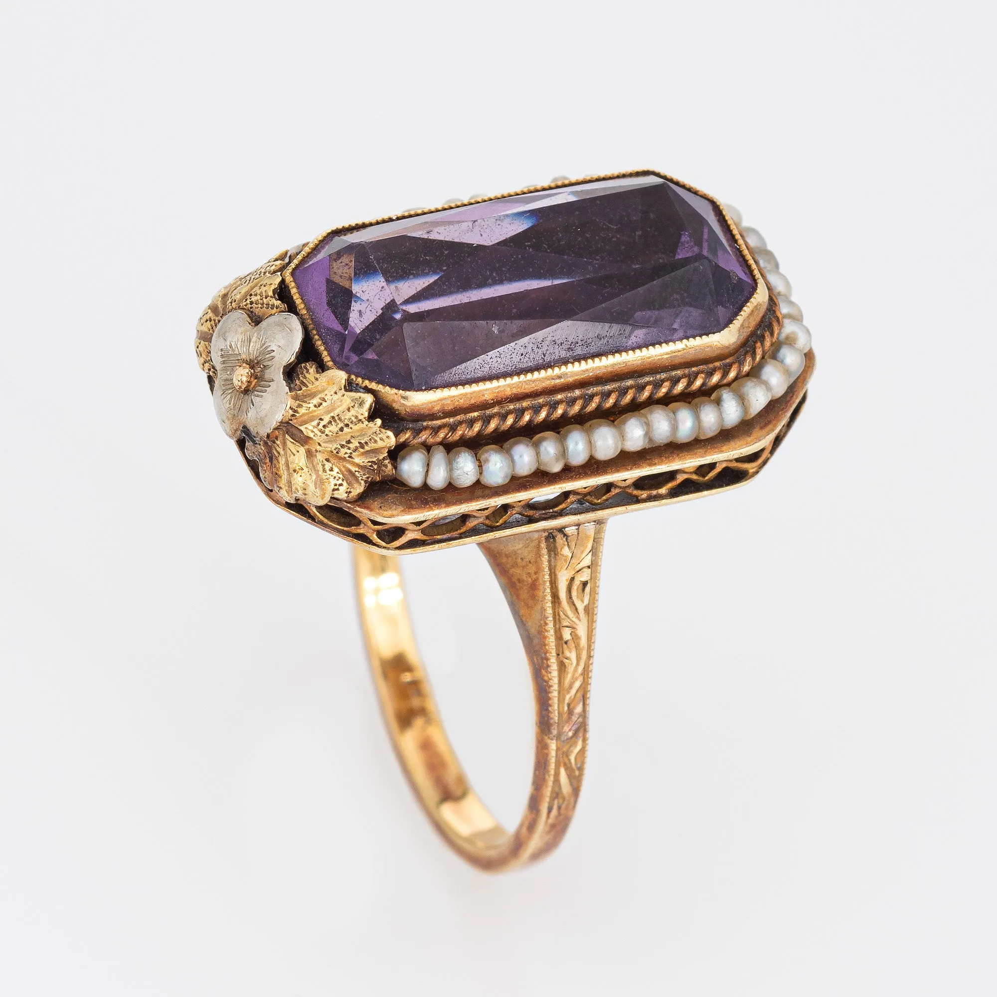 Vintage Art Deco Amethyst Ring Seed Pearls 14k Yellow Gold Long Square Sz 7