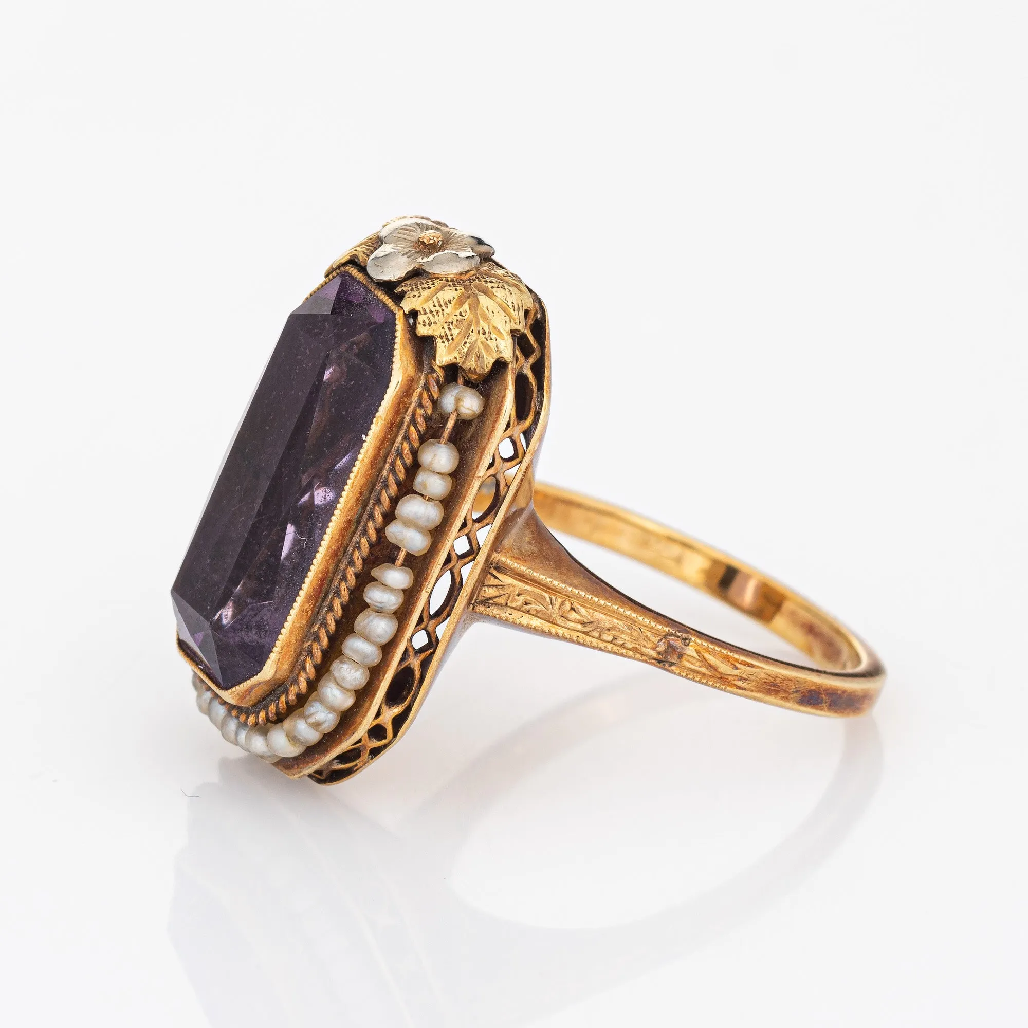 Vintage Art Deco Amethyst Ring Seed Pearls 14k Yellow Gold Long Square Sz 7