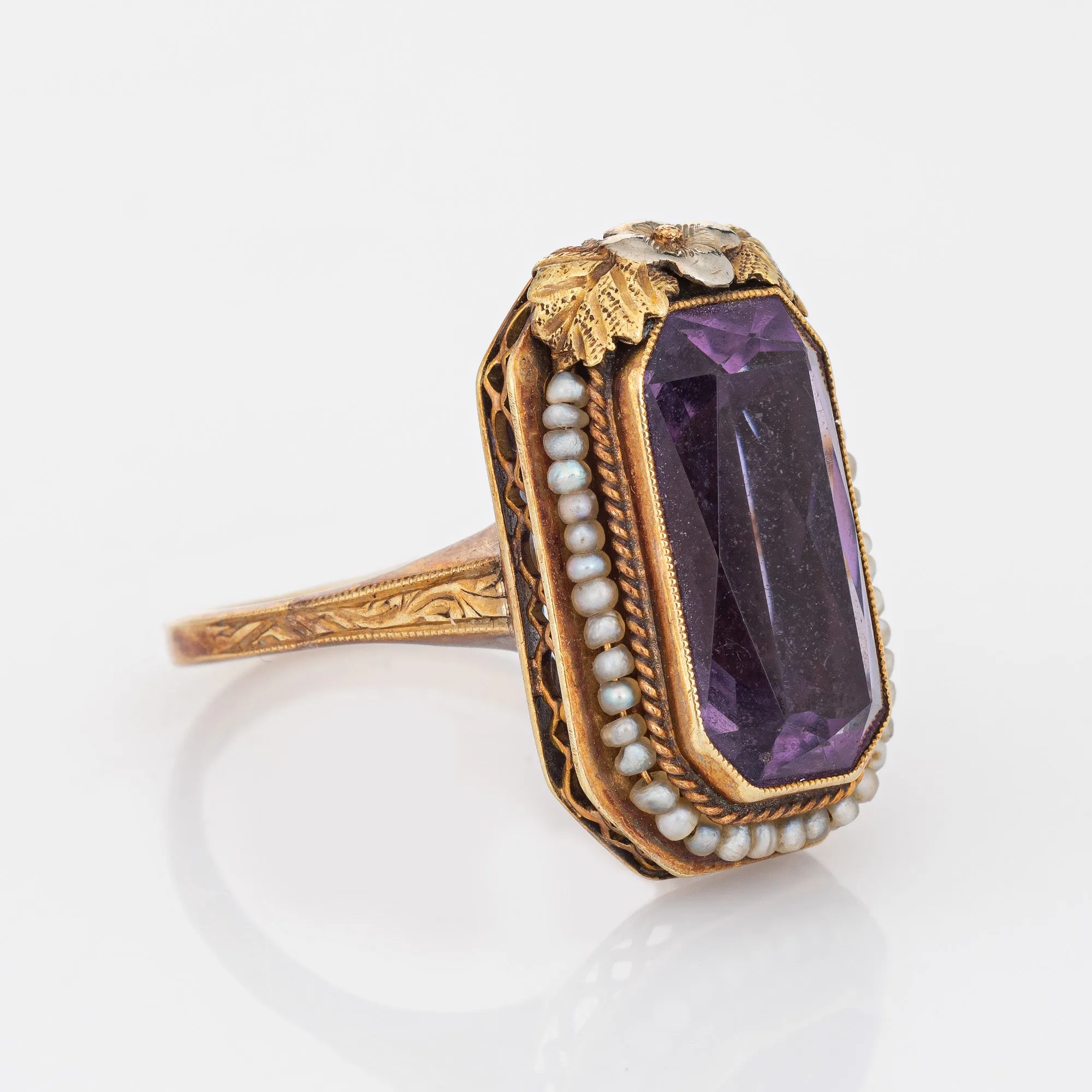Vintage Art Deco Amethyst Ring Seed Pearls 14k Yellow Gold Long Square Sz 7