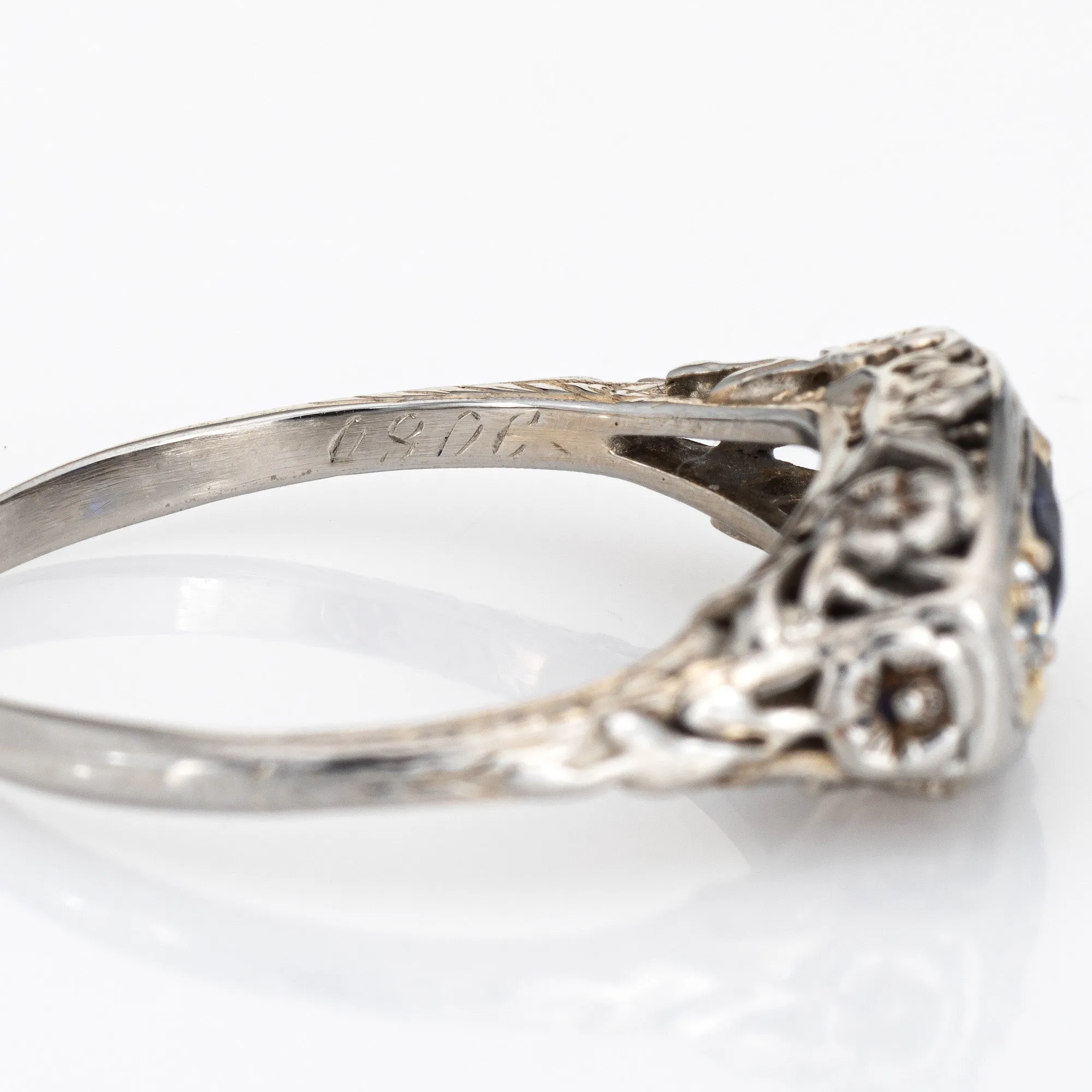 Vintage Art Deco Diamond Ring 18k White Gold French Cut Sapphire Fine Jewelry