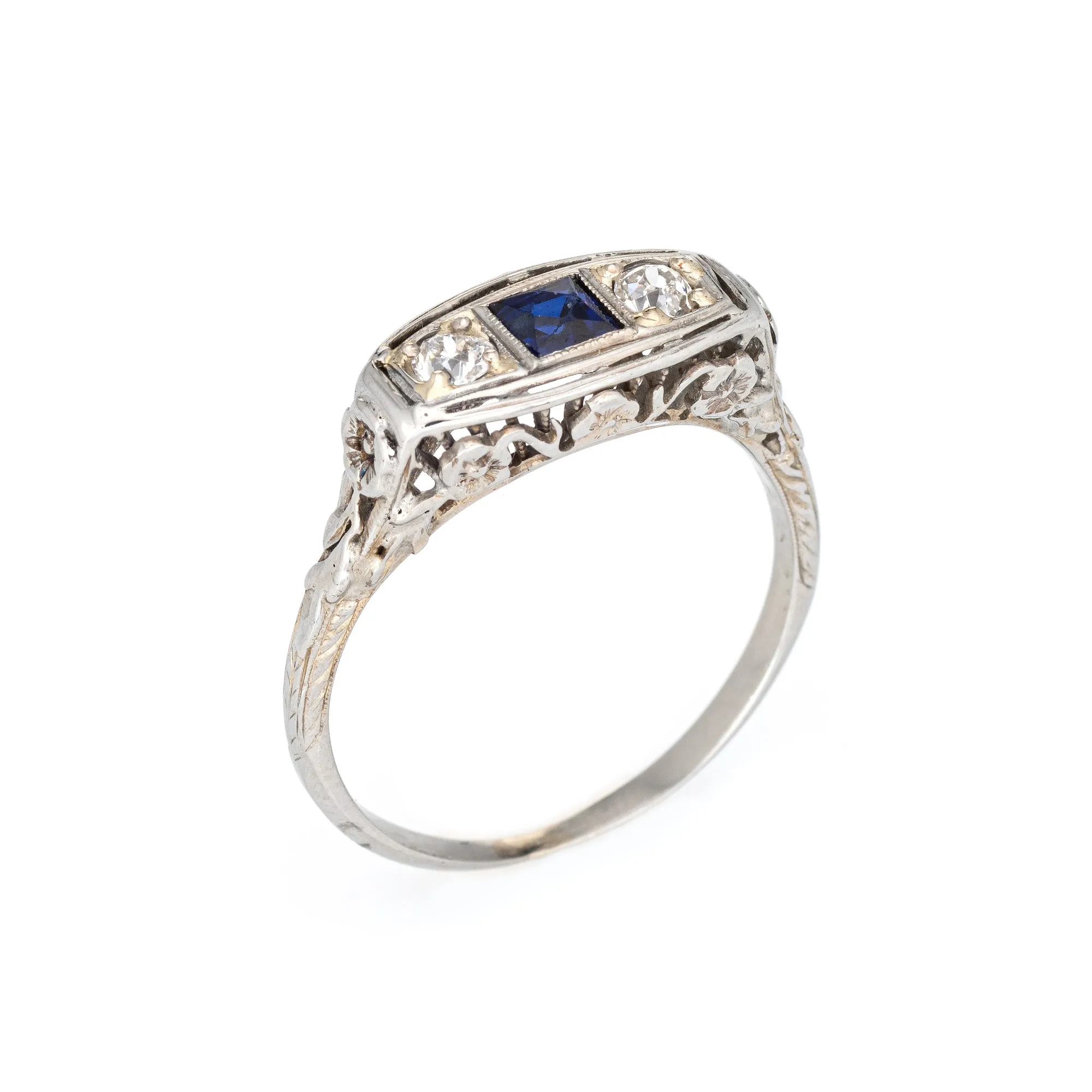 Vintage Art Deco Diamond Ring 18k White Gold French Cut Sapphire Fine Jewelry