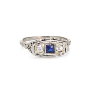 Vintage Art Deco Diamond Ring 18k White Gold French Cut Sapphire Fine Jewelry