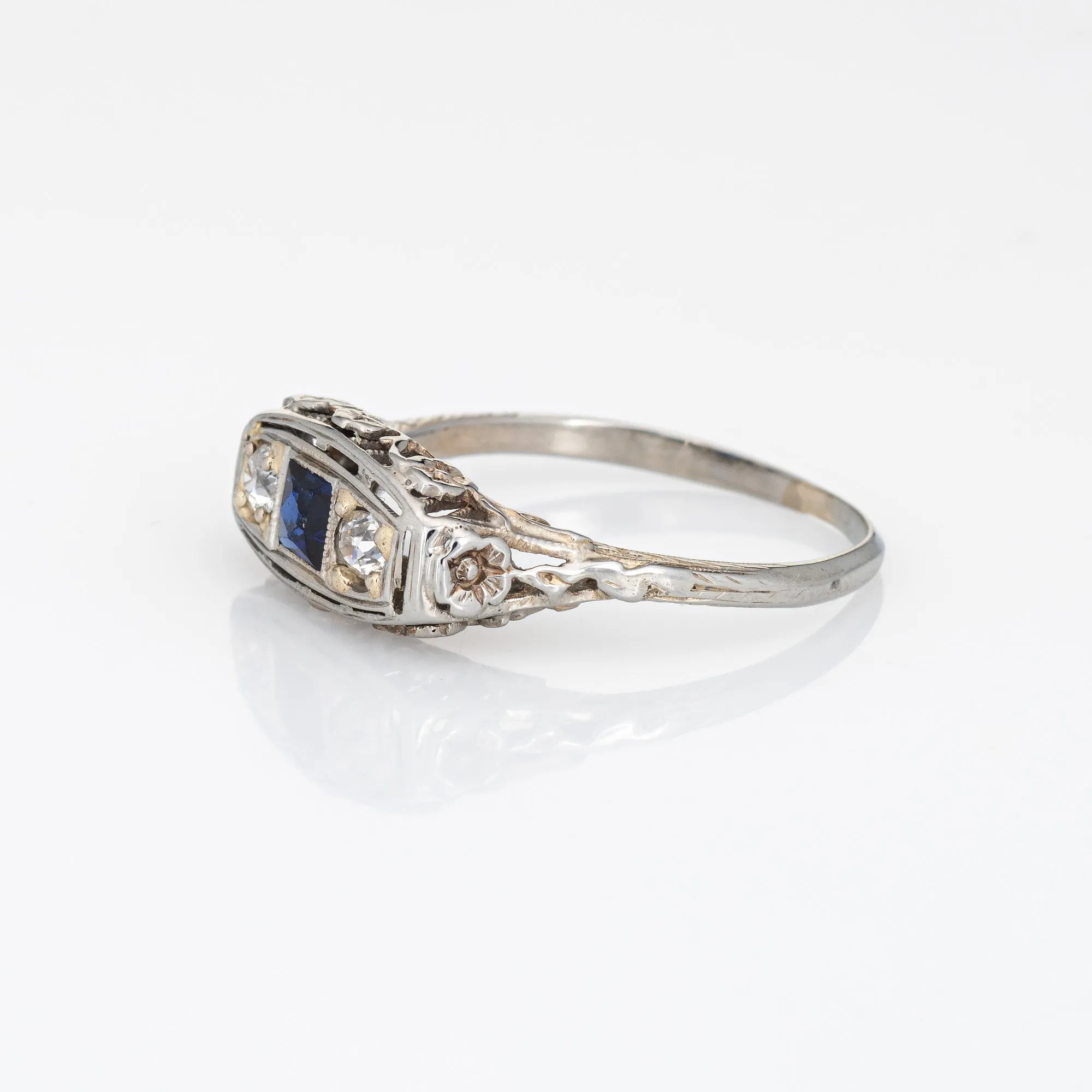Vintage Art Deco Diamond Ring 18k White Gold French Cut Sapphire Fine Jewelry